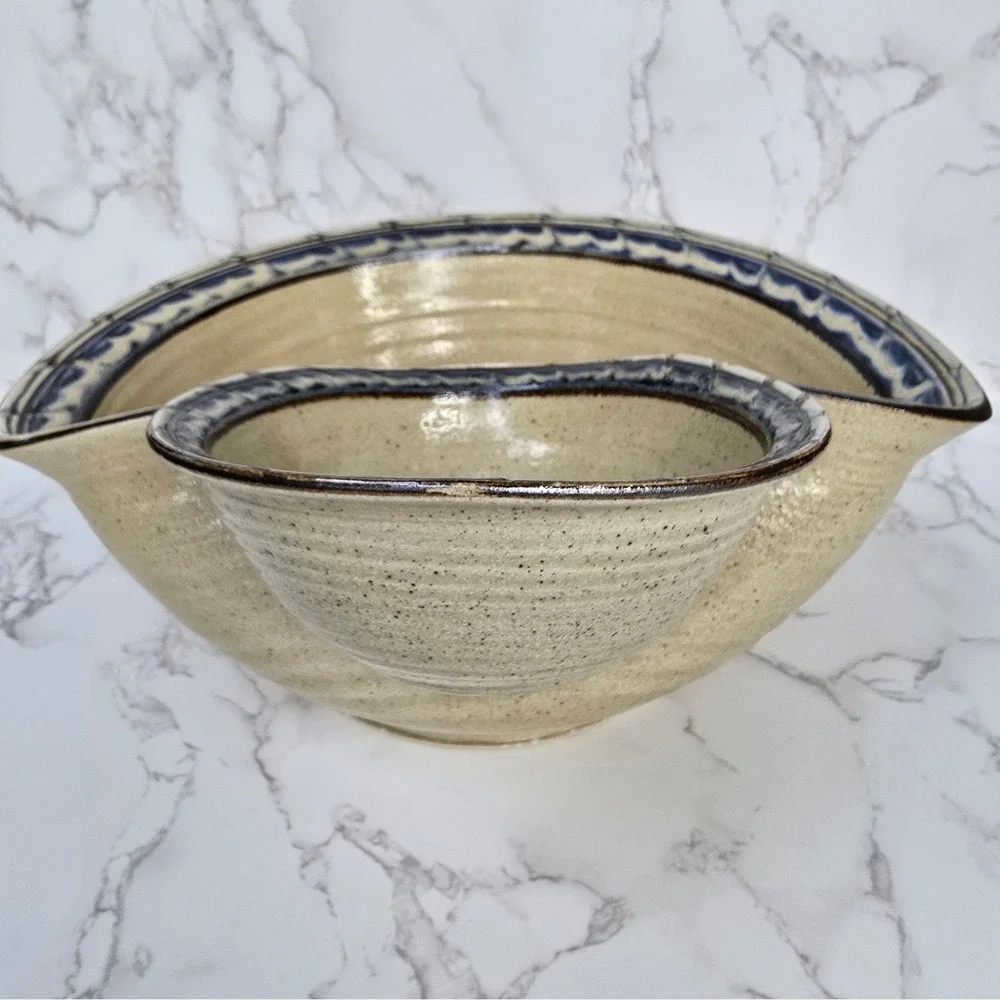 Studio Pottery Chip and Dip Server Speckled Tan Blue Scalloped Stoneware Signed